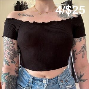 Ruffled Black Cropped Off the Shoulder Shirt